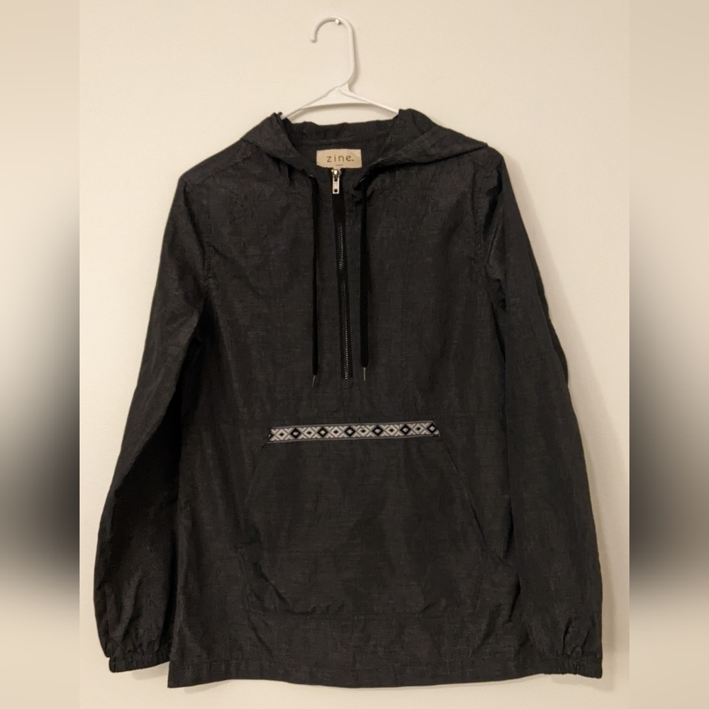 Zine Small Pullover Hoodie Windbreaker Gray/Charcoal Kangaroo Pocket y2k AVTG
